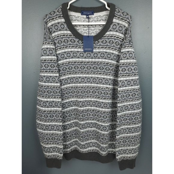NWT Crown & Ivy Mens Fair Isle Crew Pullover Sweater XXL Gray - Picture 1 of 10